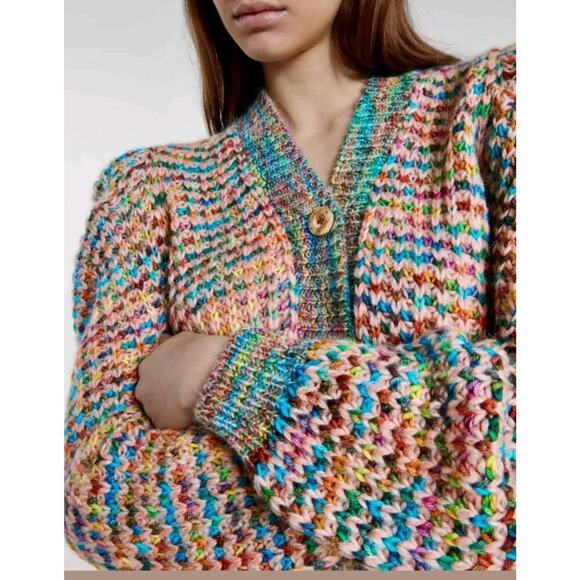 Ulla Johnson Fiora Wool Puff Sleeve Rainbow Cardigan Sweater Sz M / L - Picture 13 of 16